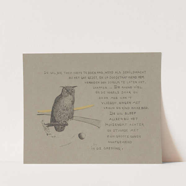 Tekstblad met uil bij een muizenhol. by Theo van Hoytema