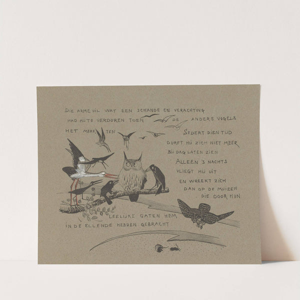 Tekstblad met vogels die de uil terechtwijzen by Theo van Hoytema