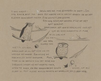 Tekstblad met winterkoning die ontsnapt als de uil in slaap valt.