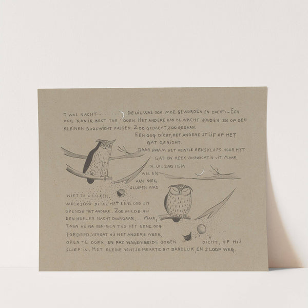 Tekstblad met winterkoning die ontsnapt als de uil in slaap valt. by Theo van Hoytema