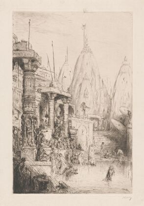 Tempel met figuren aan de Ganges