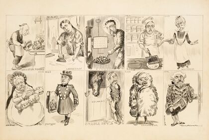 Ten wealthy Americans, identified by their initials, are depicted doing various menial jobs. One of the men is J. Pierpont Morgan. (1907) — size preview