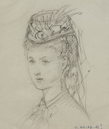 Tête de femme avec petit chapeau à volants et à rubans (1867-1877)