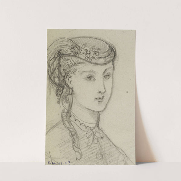 Tête de femme coiffée d’un petit chapeau agrémenté d’une plume (1867) by Anaïs Colin-Toudouze