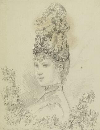 Tête de femme de trois-quarts avec haute coiffe de plumes (1880)