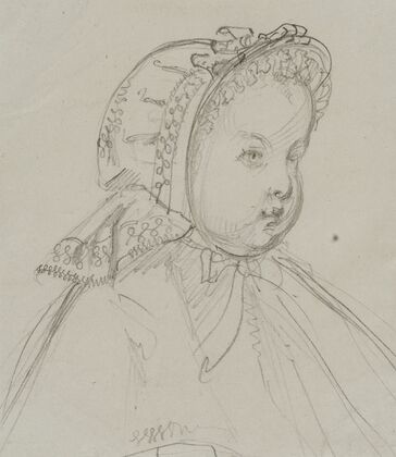 Tête de nourrisson de trois-quarts avec bonnet de dentelle (1861-1871)