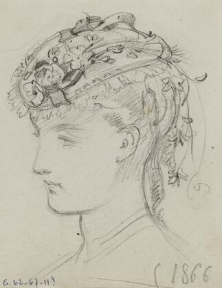 Tête féminine avec coiffe fleurie (1866)