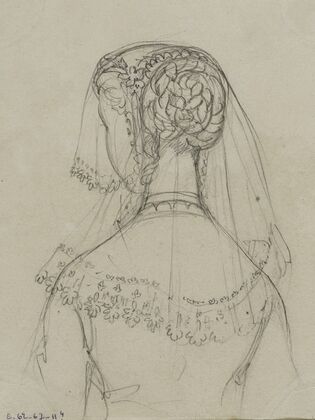 Tête féminine de dos avec voile brodé (1867)