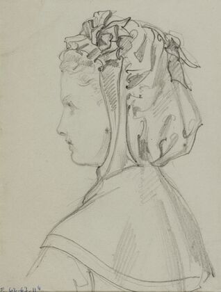 Tête féminine de profil avec bonnet à volants (1872)
