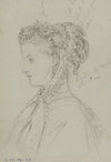 Tête féminine de profil avec coiffe fleurie nouée sous le menton (1867)