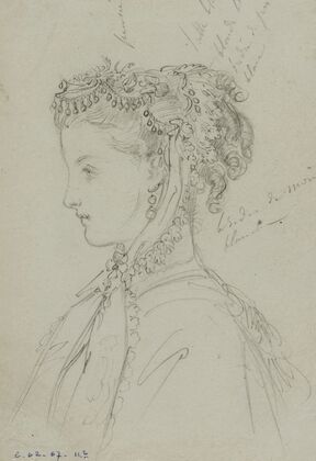 Tête féminine de profil avec coiffe fleurie nouée sous le menton (1867)