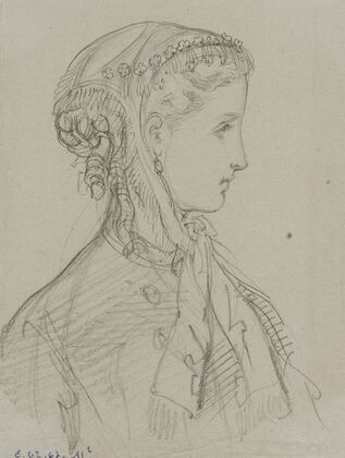 Tête féminine de profil avec coiffe nouée sous le menton (1862-1872)