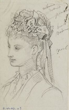 Tête féminine de trois-quarts avec coiffe de rubans et de volants (1873)