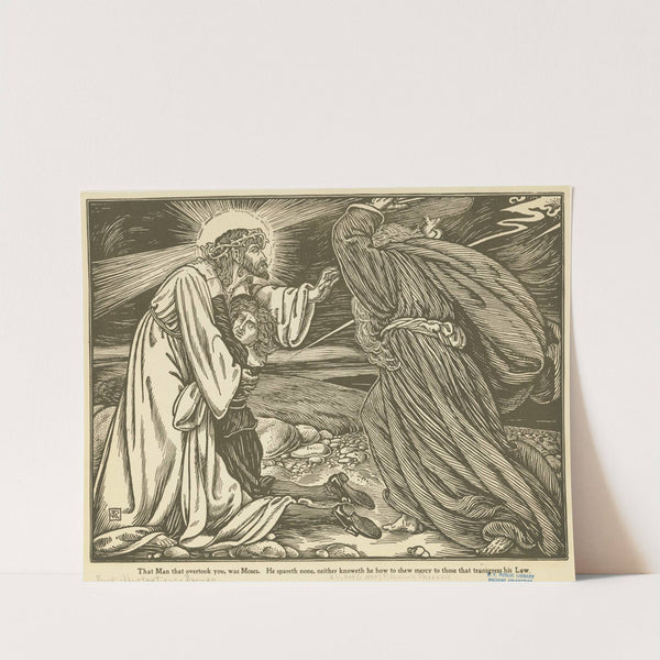 That man that overtook you, was Moses. He spareth none, neither knoweth he how to shew mercy to those that transgress his law. by George Woolliscroft Rhead