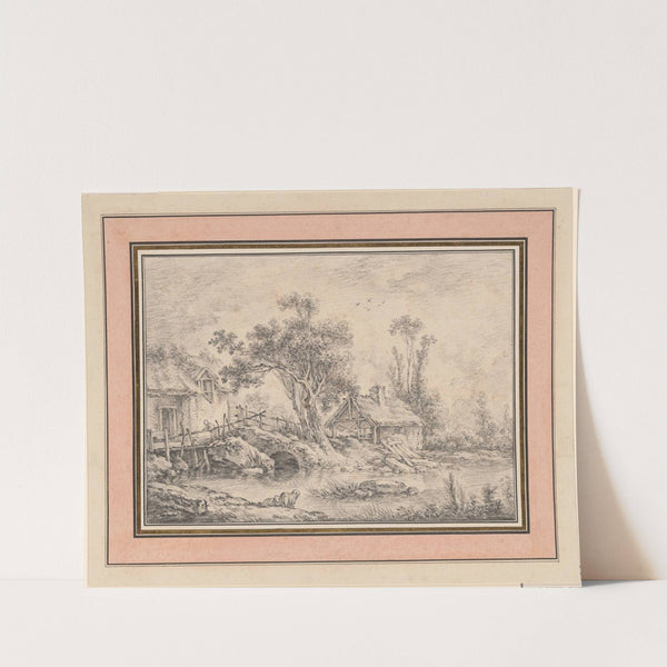 Thatched Mill Cottage and Shed with Two Trees at the Edge of a Stream by François Boucher