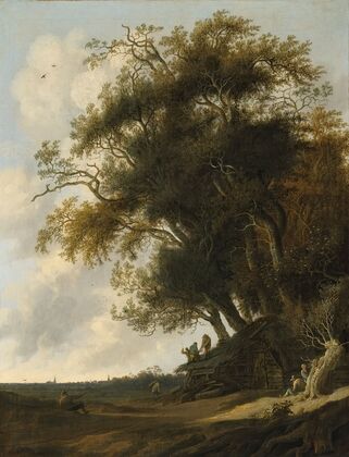 Thatchers mending a roof in a dune landscape
