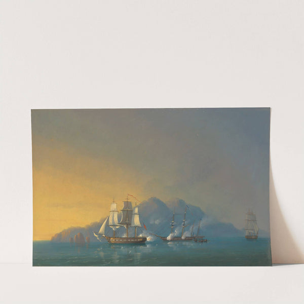 The 18-gun sloop HMS Stork engaging the French brig Cygne and two armed schooners anchored off the Pearl Rock, Martinique, on 12 December 1808 by John Christian Schetky
