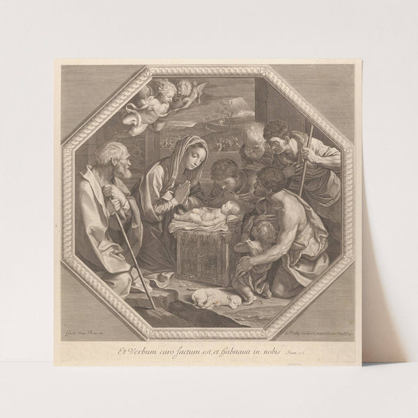 The adoration of the shepherds who kneel together at right before the infant Christ by Francois de Poilly