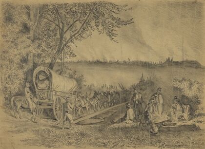 The Army of the Potomac crossing the Rappahannock River on a pontoon bridge at night, near Rappahannock Station