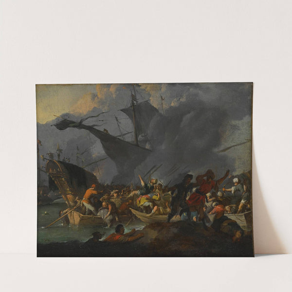 The Battle of Lepanto, 1571, with crowded boats and men struggling to shore in the foreground by Johannes Lingelbach