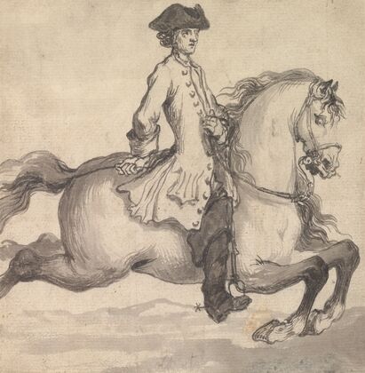 The Capriole, When He Rises Before & at the Same Time Thro’s Out His Hind Legs & Quarters Upon a Strait Line (1729)
