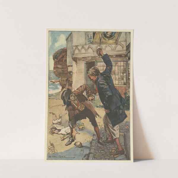 The captain aimed one last tremendous cut...intercepted by our big signboard. by Salomon van Abbé