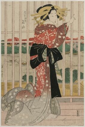 The Courtesan Meizan of the Chojiya on a Balcony Overlooking the Sumida River (ca. early or mid 1820s)