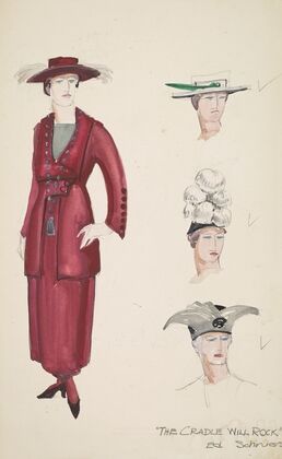 The Cradle Will Rock: Red women’s suit with matching hat and three alternate hats (1934-1943)