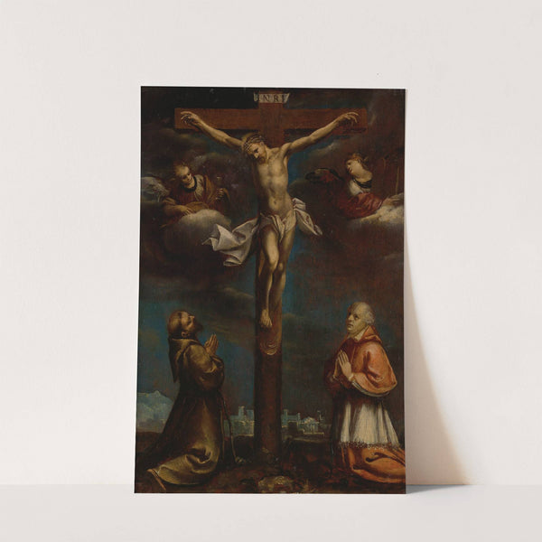 The Crucifixion With St Francis, A Cardinal And Two Angels by Lombard School