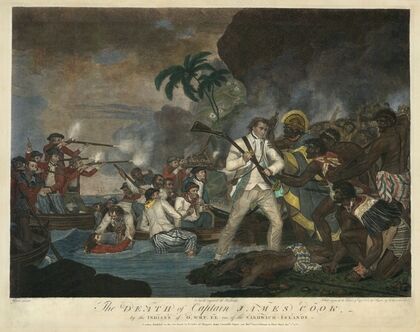 The Death of Captain James Cook, by the Indians of O.Why.ee one of the Sandwich-Islands (1784)