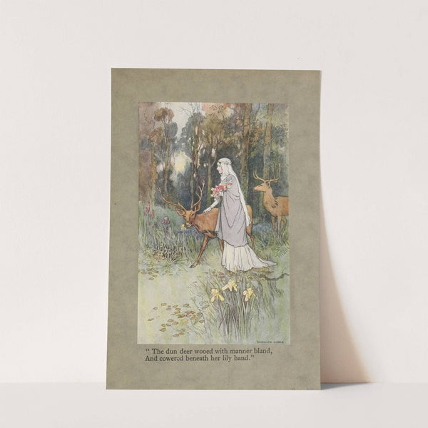 'The dun deer wooed with manner bland, And cowered beneath her lily hand.' by Warwick Goble