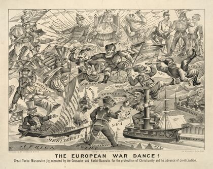 The European War Dance! Great Turko Muscovite Jig, executed by the Cossacks and Bashi-Bazouks for the protection of christianity and the advance of civilization (1877)