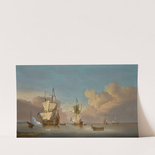 The evening gun; Men-o’-War and barges in a calm sea by Peter Monamy