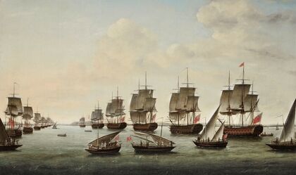 The fleet, under the command of Rear-Admiral Charles Watson and Commodore William James, approaching Geriah on 12 February 1756 for the final showdown with the pirate Tulagee Angria