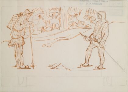 The Great Kalevala, sketch for page 1, skiers meet.