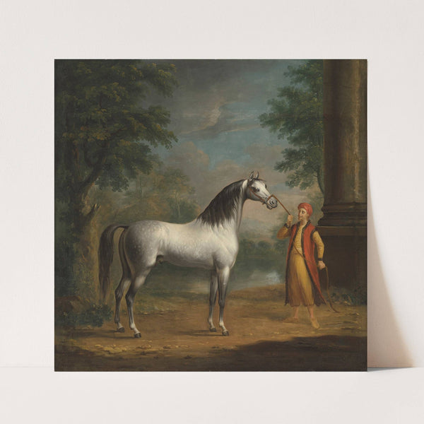 The grey Arab stallion ‘The Lister Turk’, held by a Turkish groom in a landscape by Richard Roper