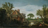 The Hague A Wooded River Landscape With Figures On A Path On A River Bank Beside A Village, A Bridge Beyond