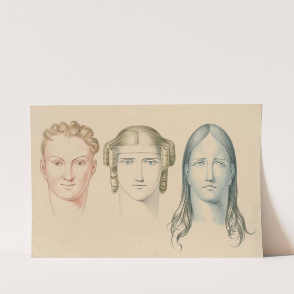 The heads of a man and two women, showing ascending, horizontal and descending lines, in combination with colours by David Humbert de Superville