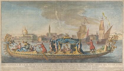 The highly ornamented first gondola of Ambassador Giovanni Battista Colloreado entering Venice (1720–30)