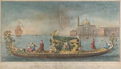 The highly ornamented second gondola of Ambassador Giovanni Battista Colloreado entering Venice (1720–30)