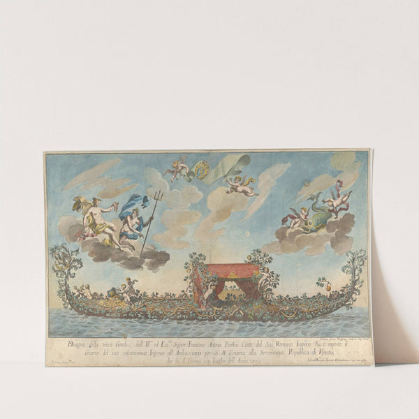 The highly ornamented third gondola of Francesco Antonio Berka entering Venice (1700) by Johann Georg Wolfgang