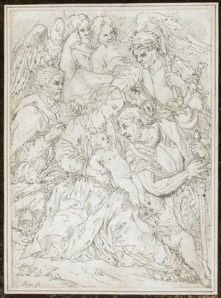 The Holy Family with Angels and Two Figures