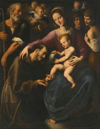 The Holy Family With Saint Francis Of Assisi Adoring The Christ Child, With Two Youths And Angels Above