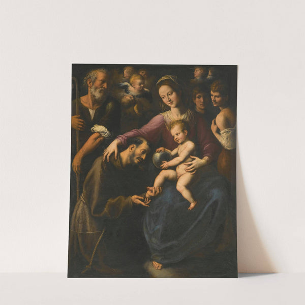 The Holy Family With Saint Francis Of Assisi Adoring The Christ Child, With Two Youths And Angels Above by Fabrizio Santafede