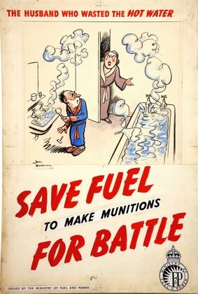The husband who wasted the hot water. Save fuel to make munitions for battle (between 1939 and 1946)