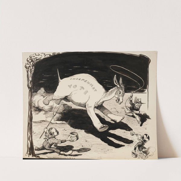 The Independent Vote, depicted as an elephant with a donkey head, is chased by Theodore Roosevelt, Swallow, and Esop. (1904) by William Henry Walker