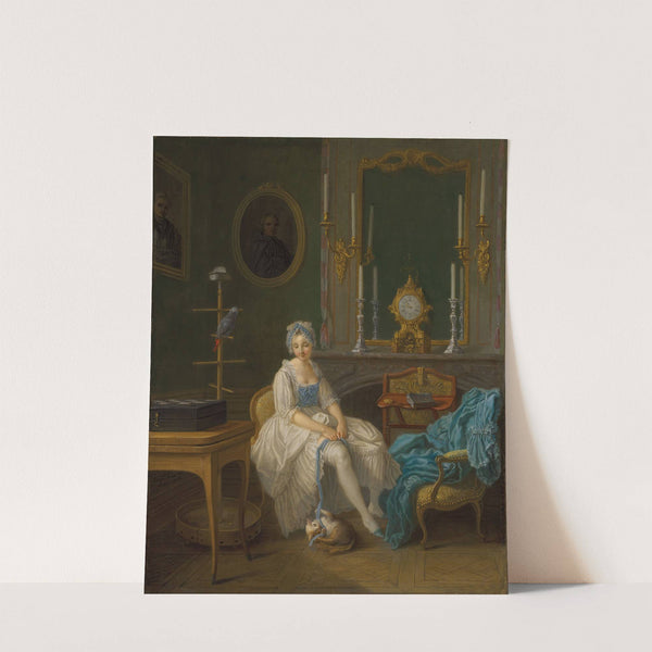 The interior of a boudoir, with a lady in a white and blue dress (1769) by Etienne Jeaurat