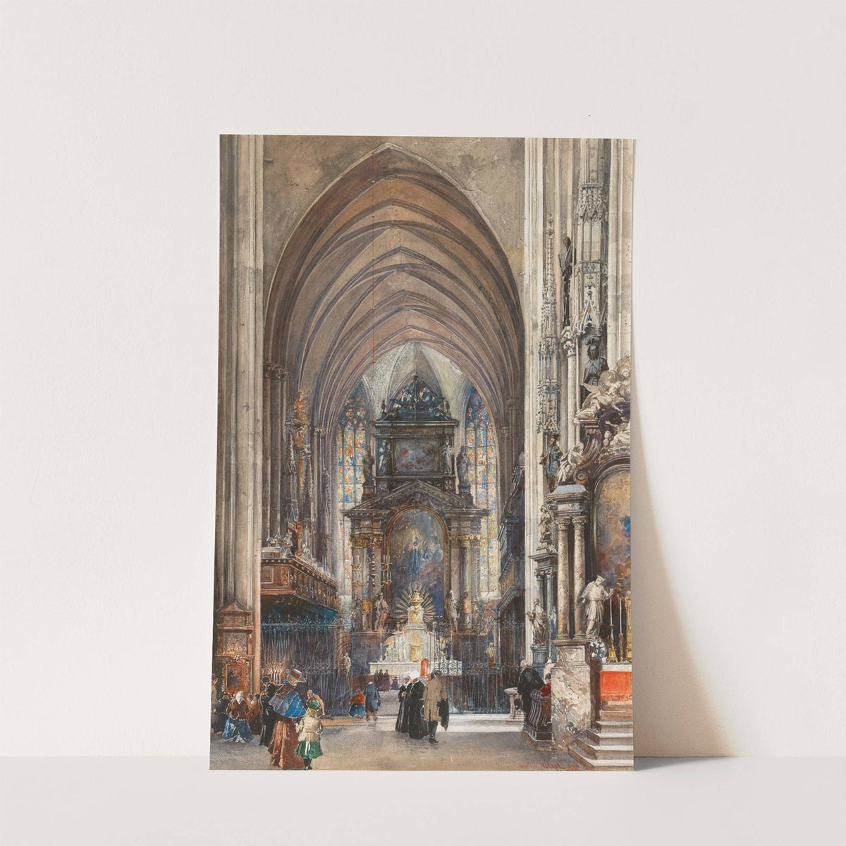 The interior of Saint Stephen with the high altar and figural staffage by Reinhold Völkel