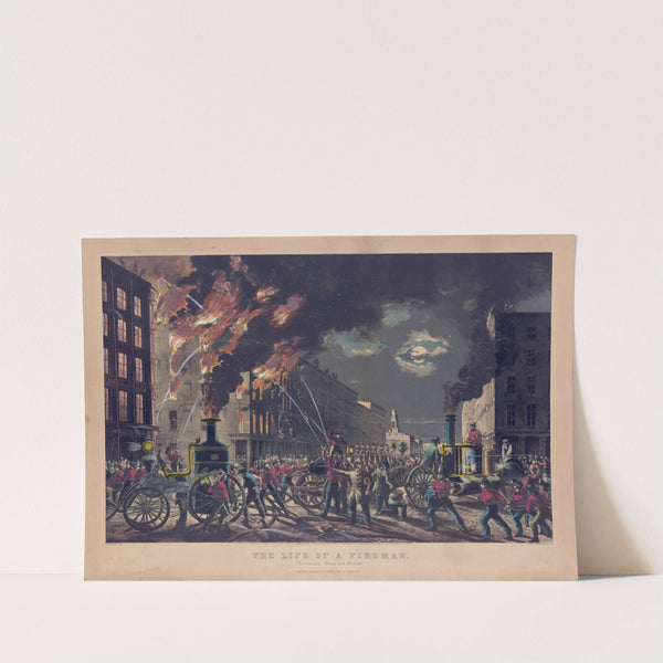 The life of a fireman; the new era, steam and muscle (1861) by Currier & Ives.