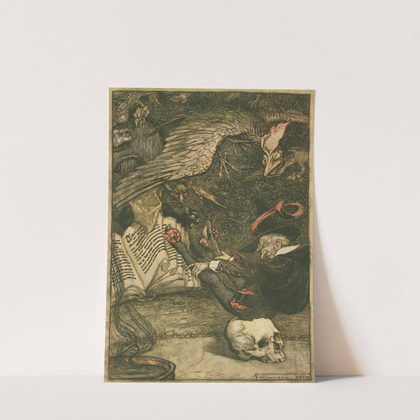 The little man had seated himself in the centre of the circle upon the large skull (1911) by Arthur Rackham